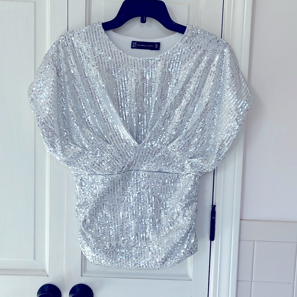 New York & Company Silver Sequin Top